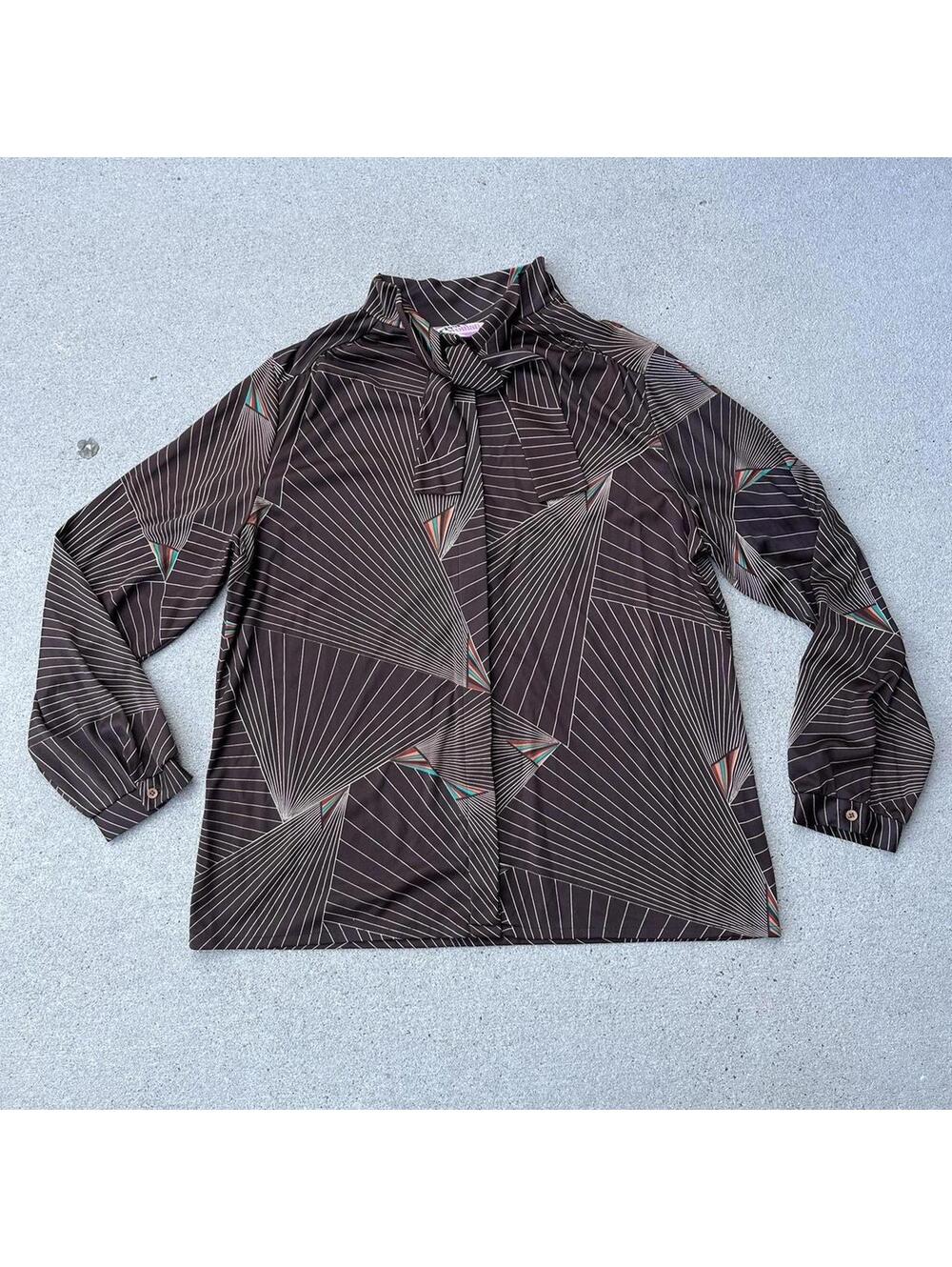70s brown geometric print trissis woman button up blouse with bow tie neckline